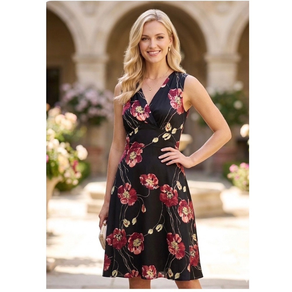 Tommy Bahama Silk Blend Floral Poppy V-Neck Sleeveless Midi Dress Black 6 - Picture 8 of 8